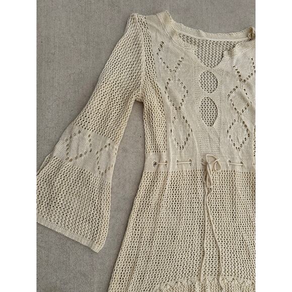 Cream crochet top high low bell sleeve small M women hippie boho indie open knit - Picture 2 of 5